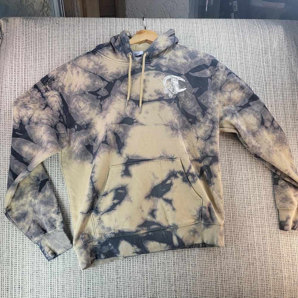 Champion Hoodie Mens Medium Gray Tan Tie Dye Pullover Sweatshirt Graphic C Logo‎